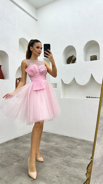 Powder Pink Transparent Tulle Evening Dress with Bow Detail