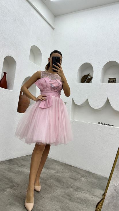 Powder Pink Transparent Tulle Evening Dress with Bow Detail