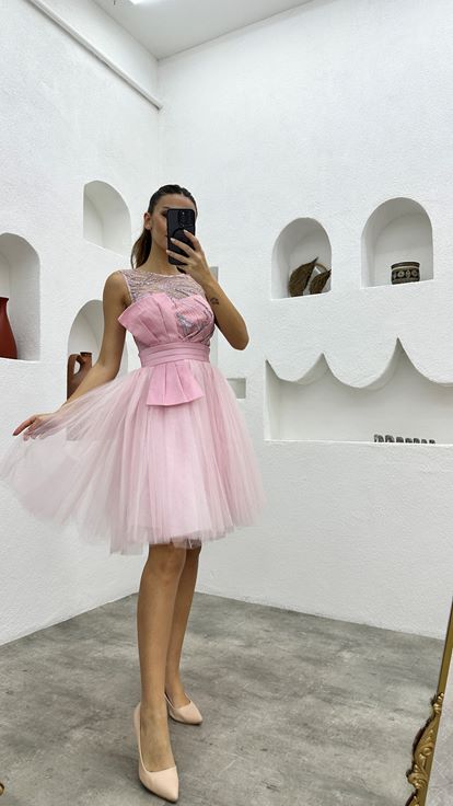 Powder Pink Transparent Tulle Evening Dress with Bow Detail