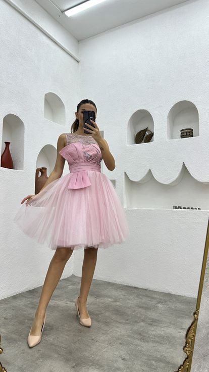 Powder Pink Transparent Tulle Evening Dress with Bow Detail