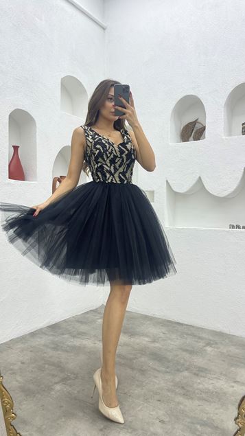 Black Patterned Design Tulle Evening Dress