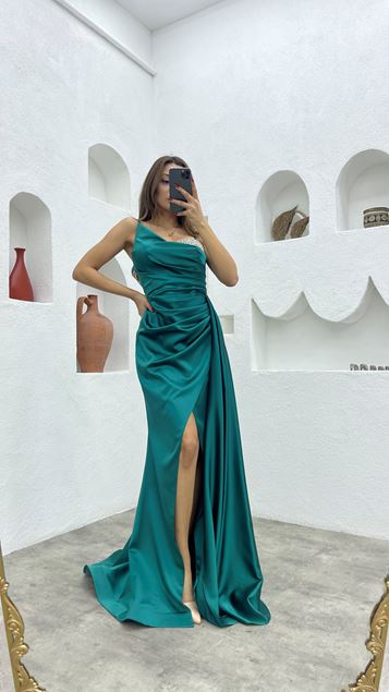 Emerald Rope Strap Petto ricamato raso abito da sera