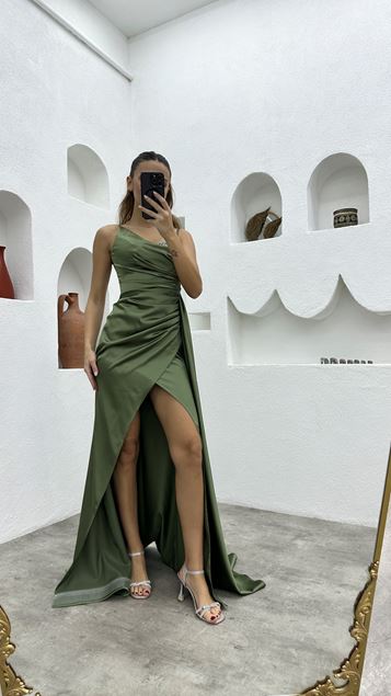 Khaki corda cinturino petto ricamato raso abito da sera