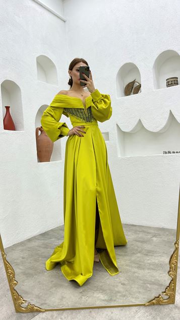 Yellow Embroidered Detail Draped Balloon Sleeve Satin Evening Dress