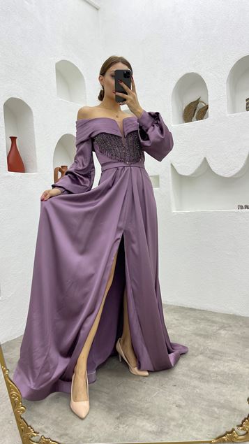Lilac Embroidery Detail Draped Balloon Sleeve Satin Evening Dress