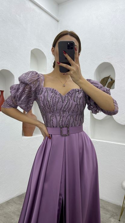 Lilac Embroidered Detail Belted Balloon Sleeve Satin Evening Dress