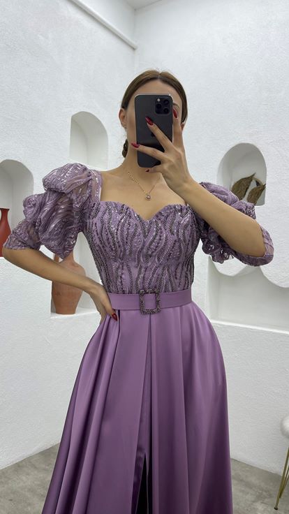 Lilac Embroidered Detail Belted Balloon Sleeve Satin Evening Dress