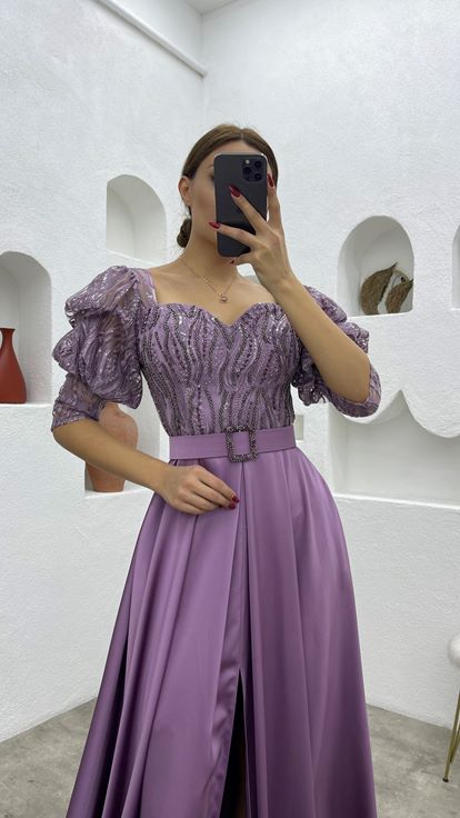Lilac Embroidered Detail Belted Balloon Sleeve Satin Evening Dress