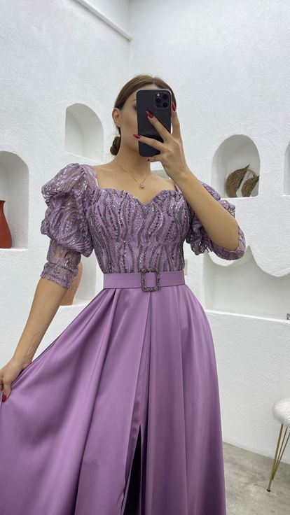Lilac Embroidered Detail Belted Balloon Sleeve Satin Evening Dress