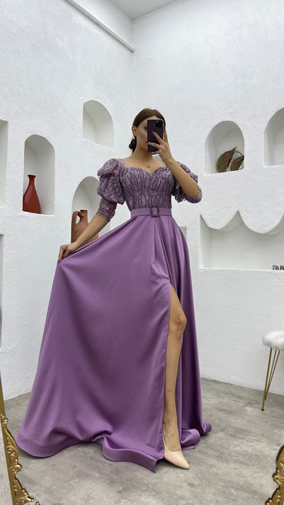 Lilac Embroidered Detail Belted Balloon Sleeve Satin Evening Dress