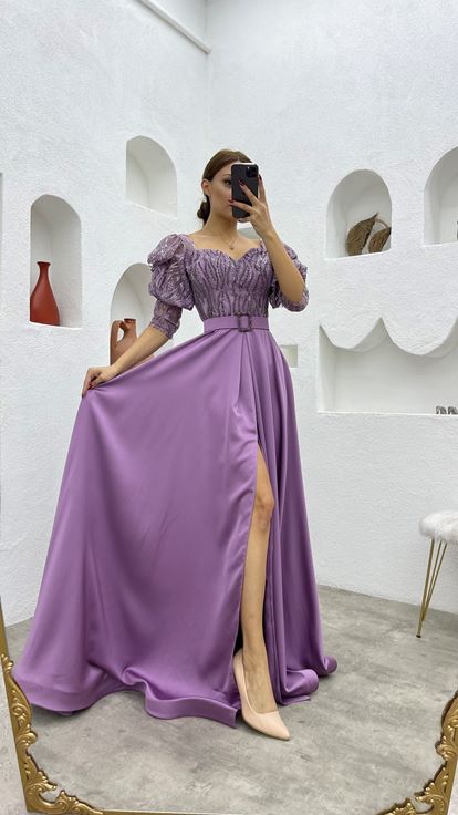 Lilac Embroidered Detail Belted Balloon Sleeve Satin Evening Dress