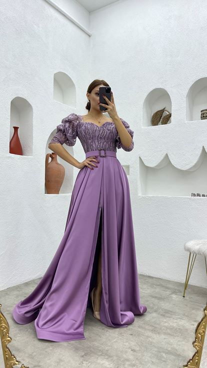 Lilac Embroidered Detail Belted Balloon Sleeve Satin Evening Dress
