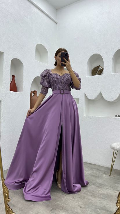 Lilac Embroidered Detail Belted Balloon Sleeve Satin Evening Dress