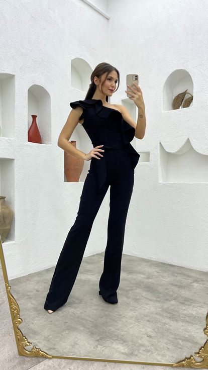 Black One Shoulder Flywheel Detail Design Jumpsuit
