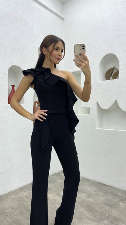 Black One Shoulder Flywheel Detail Design Jumpsuit