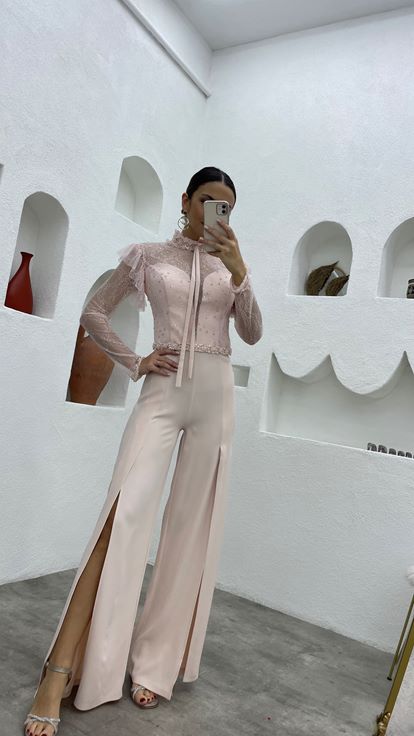 Pudra Güpürlü Beli Motifli Tulum