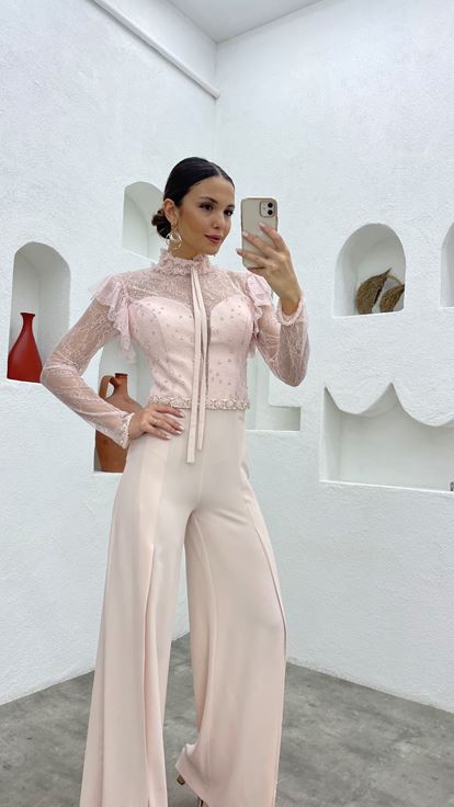 Pudra Güpürlü Beli Motifli Tulum