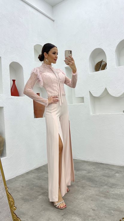 Pudra Güpürlü Beli Motifli Tulum