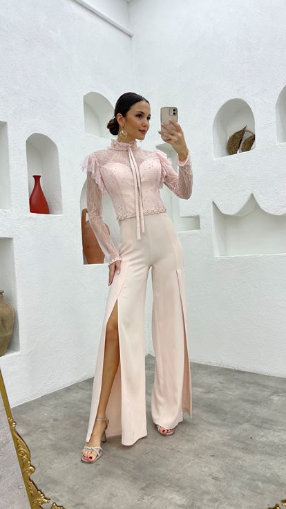 Pudra Güpürlü Beli Motifli Tulum