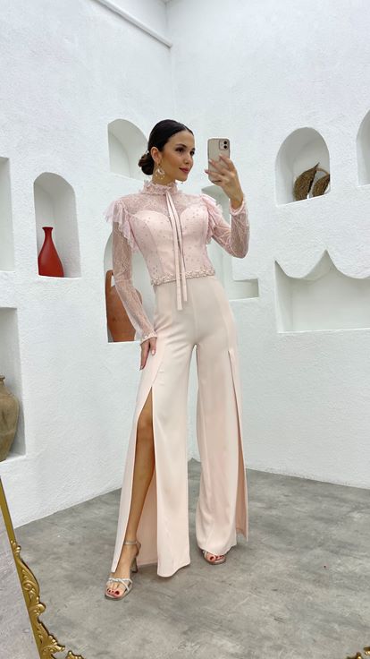 Pudra Güpürlü Beli Motifli Tulum