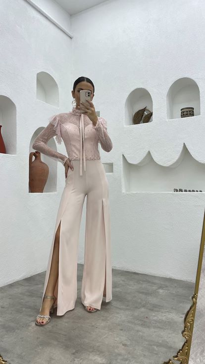 Pudra Güpürlü Beli Motifli Tulum