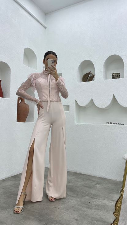 Pudra Güpürlü Beli Motifli Tulum