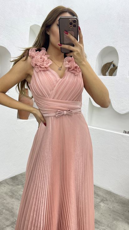 Powder Drape Detailed Flounce Pleated Evening Dress