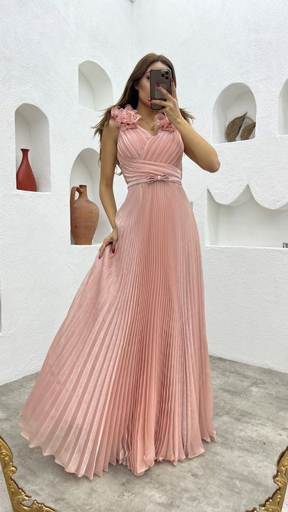 Powder Drape Detailed Flounce Pleated Evening Dress