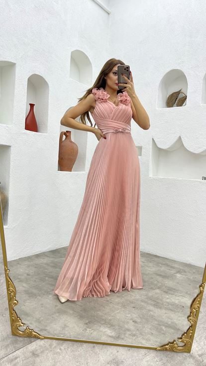 Powder Drape Detailed Flounce Pleated Evening Dress