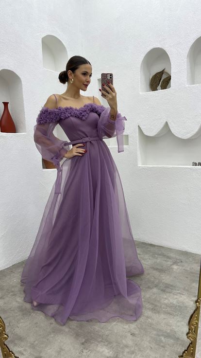 Lilas Corde Straangle Tulle Tulle Robe de soirée