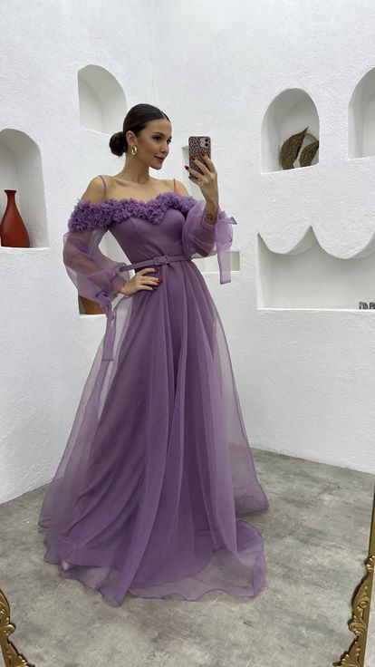 Lilas Corde Straangle Tulle Tulle Robe de soirée