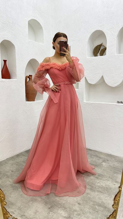 Dried Rose Rope Strap Belt Detail Design Tulle Evening Dress