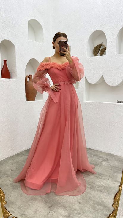 Dried Rose Rope Strap Belt Detail Design Tulle Evening Dress