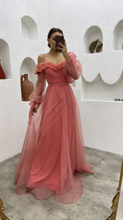 Dried Rose Rope Strap Belt Detail Design Tulle Evening Dress