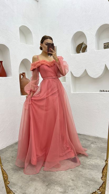 Dried Rose Rope Strap Belt Detail Design Tulle Evening Dress