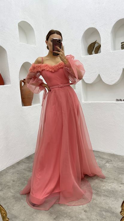 Dried Rose Rope Strap Belt Detail Design Tulle Evening Dress