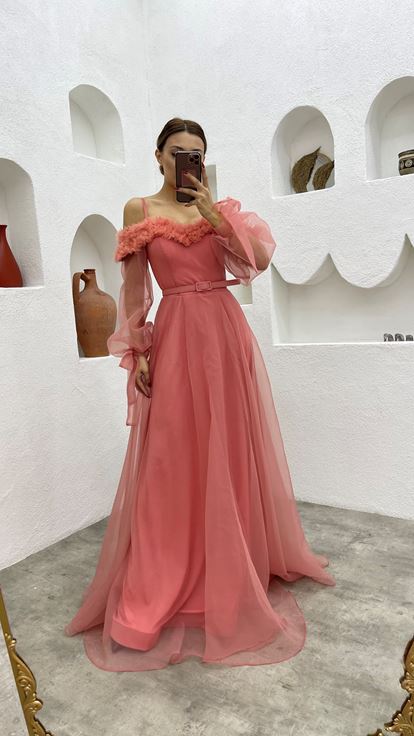 Dried Rose Rope Strap Belt Detail Design Tulle Evening Dress