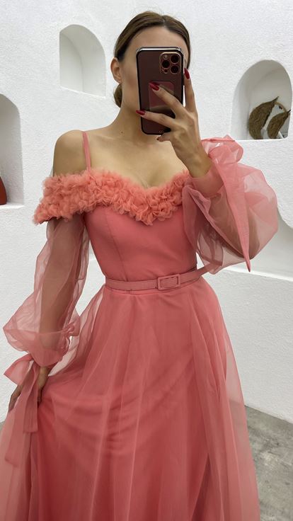 Dried Rose Rope Strap Belt Detail Design Tulle Evening Dress