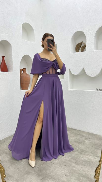 Lilac Rope Strap Embroidered Detail Design Satin Evening Dress