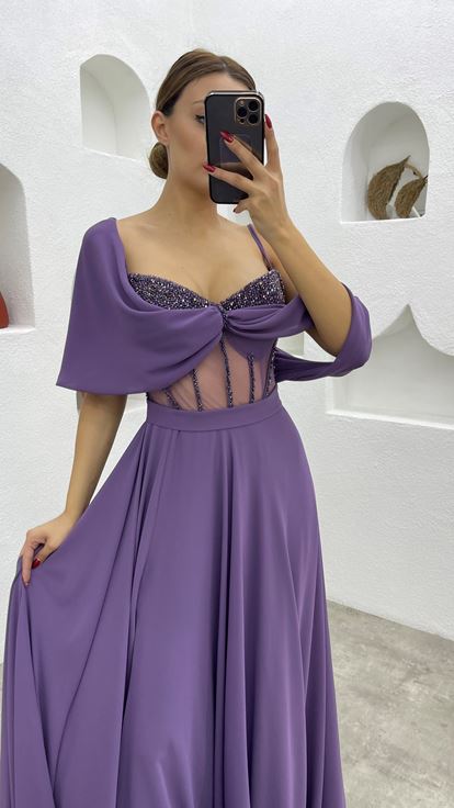 Lilac Rope Strap Embroidered Detail Design Satin Evening Dress