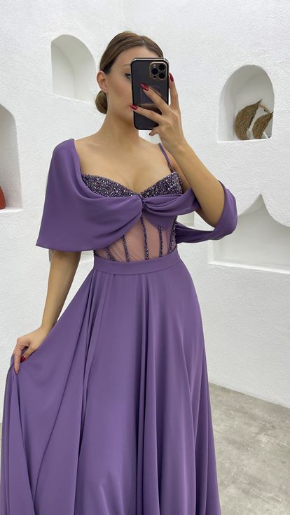 Lilac Rope Strap Embroidered Detail Design Satin Evening Dress