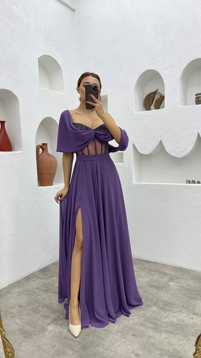 Lilac Rope Strap Embroidered Detail Design Satin Evening Dress