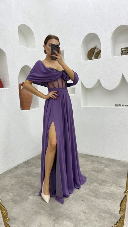 Lilac Rope Strap Embroidered Detail Design Satin Evening Dress