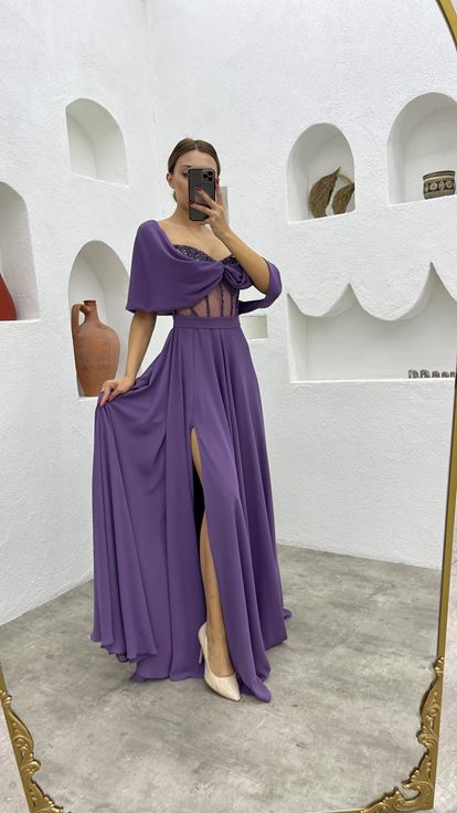 Lilac Rope Strap Embroidered Detail Design Satin Evening Dress