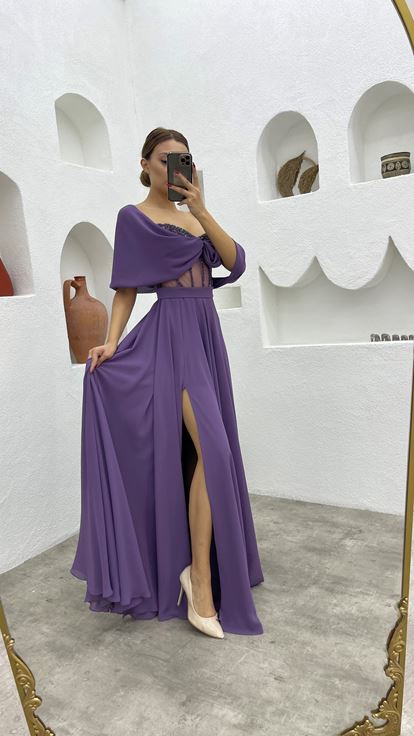Lilac Rope Strap Embroidered Detail Design Satin Evening Dress