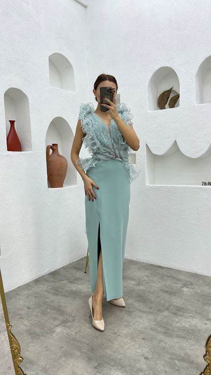 Vestido de noche con volantes en la cintura verde menta