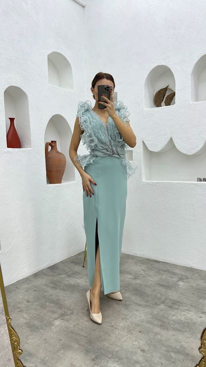 Vestido de noche con volantes en la cintura verde menta