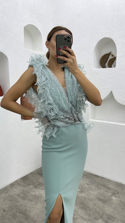 Vestido de noche con volantes en la cintura verde menta