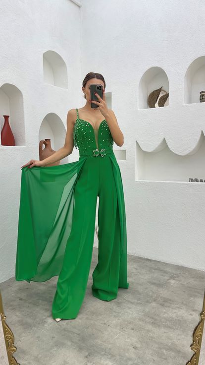 Green Rope Strap Bead Embroidered Design Satin Jumpsuit