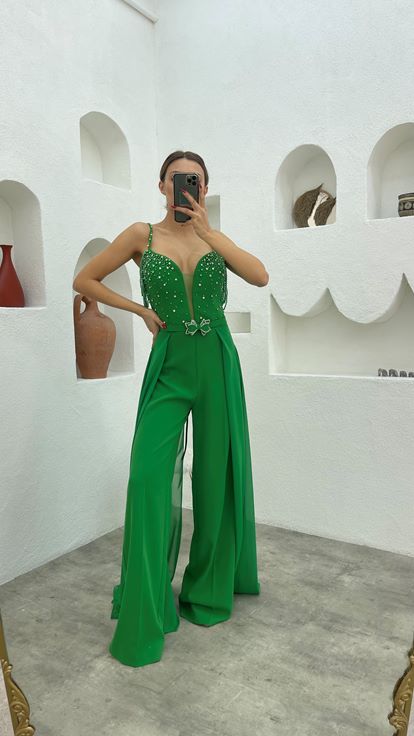 Green Rope Strap Bead Embroidered Design Satin Jumpsuit